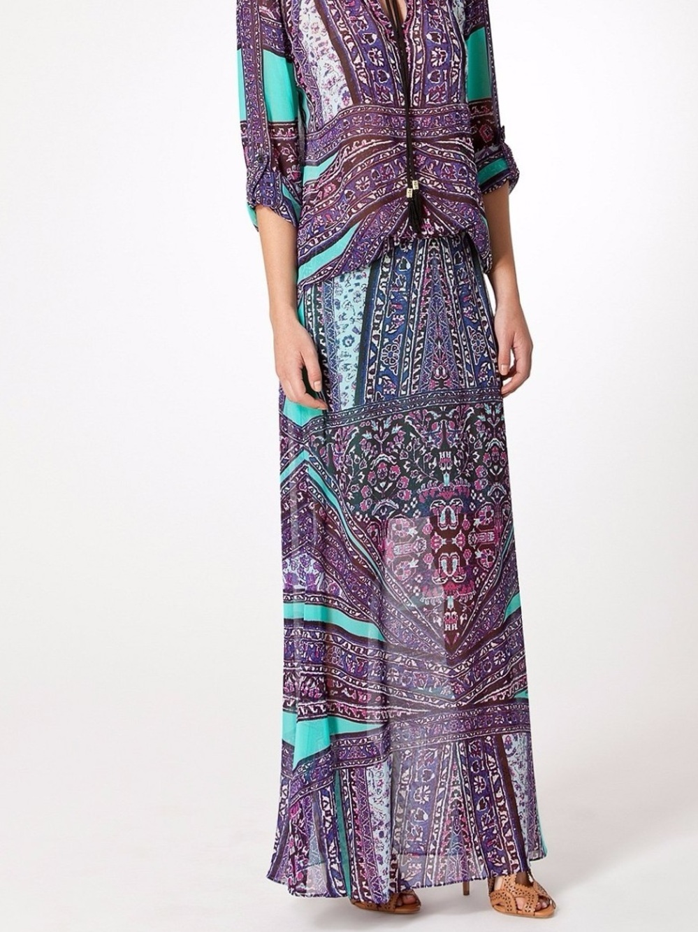 Hale Bob Boho Teal & Purple Paisley Floral Print Chiffon Half Sheer Maxi Skirt S